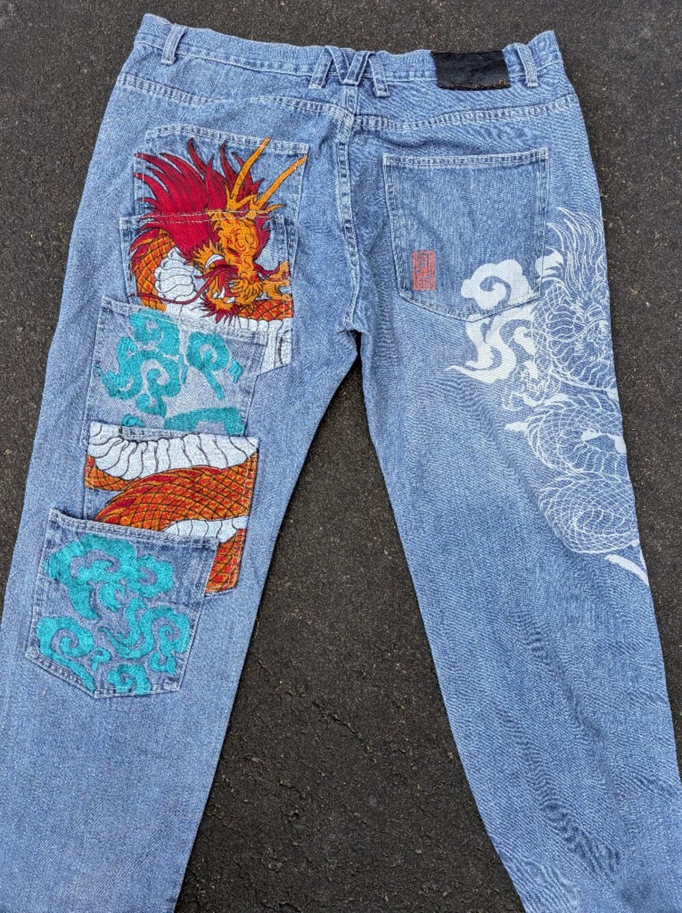 Japanese Streetwear Stacked Pocket Vintage Skater Style Embellished Jeans 40W